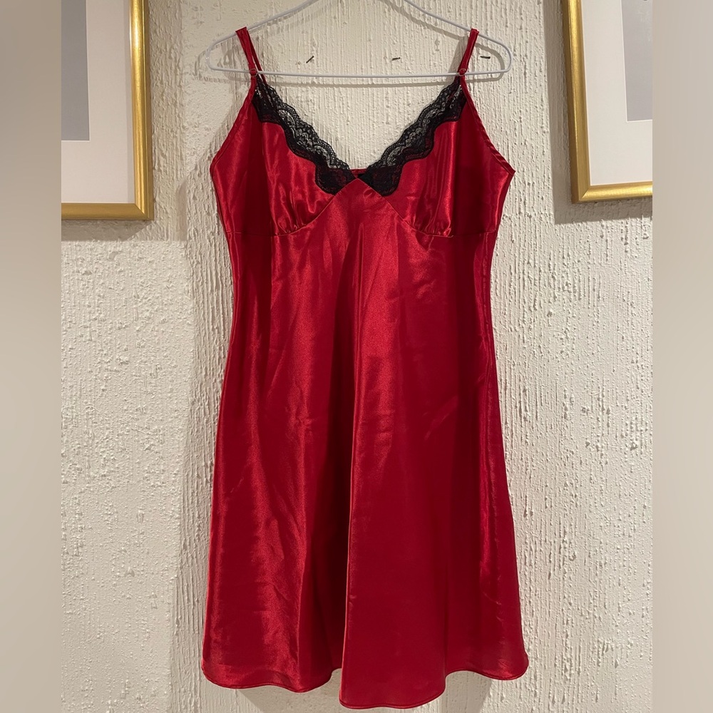 Elegant Red Satin Nightgown with Lace Trim
